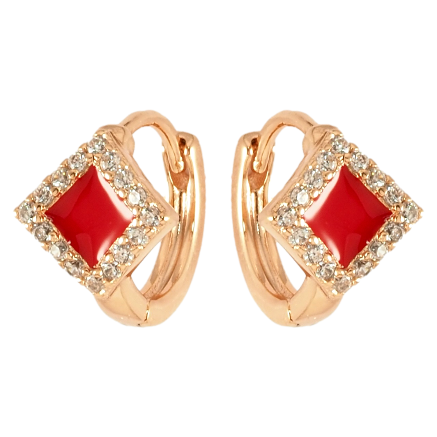 Серьги Xuping Позолота 18K колечки Ромбовый узор с красной эмалью и цирконием фото №1