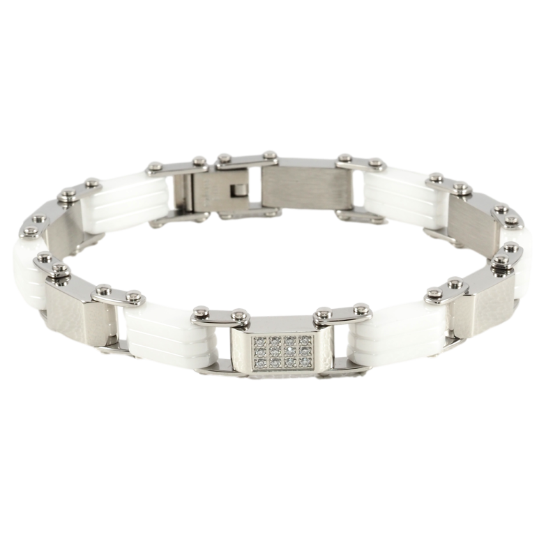 Браслет Xuping ТТМ Stainless Steel колір Родій Ланки з білої кераміки та цирконієм розмір 20см х 6-8мм фото №1