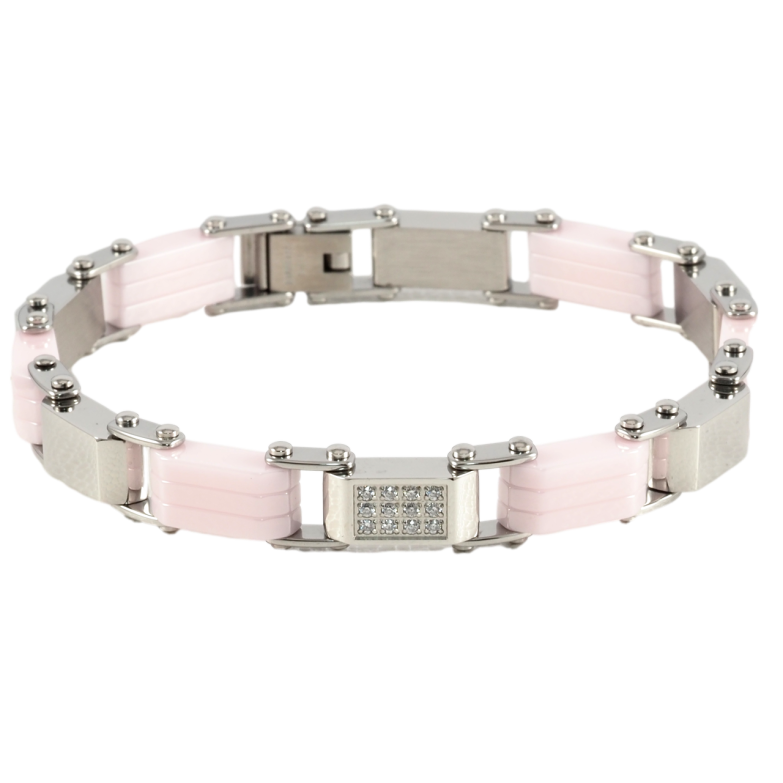Браслет Xuping ТТМ Stainless Steel колір Родій Ланки з рожевої кераміки та цирконієм розмір 20см х 6-8мм фото №1
