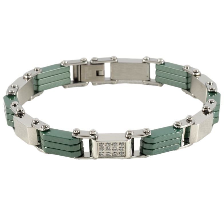 Браслет Xuping ТТМ Stainless Steel цвет Родий Звенья с зеленой керамики и цирконием размер 20см х 6-8мм фото №1 Браслет Xuping ТТМ Stainless Steel цвет Родий Звенья с зеленой керамики и цирконием размер 20см х 6-8мм фото №1