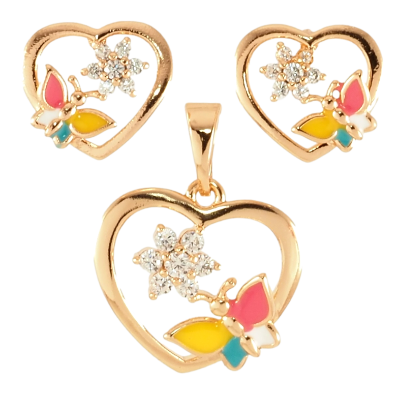 Набір Xuping Позолота 18K Сережки Кулон Сердечка з метеликом і кришталевою квіточкою фото №1