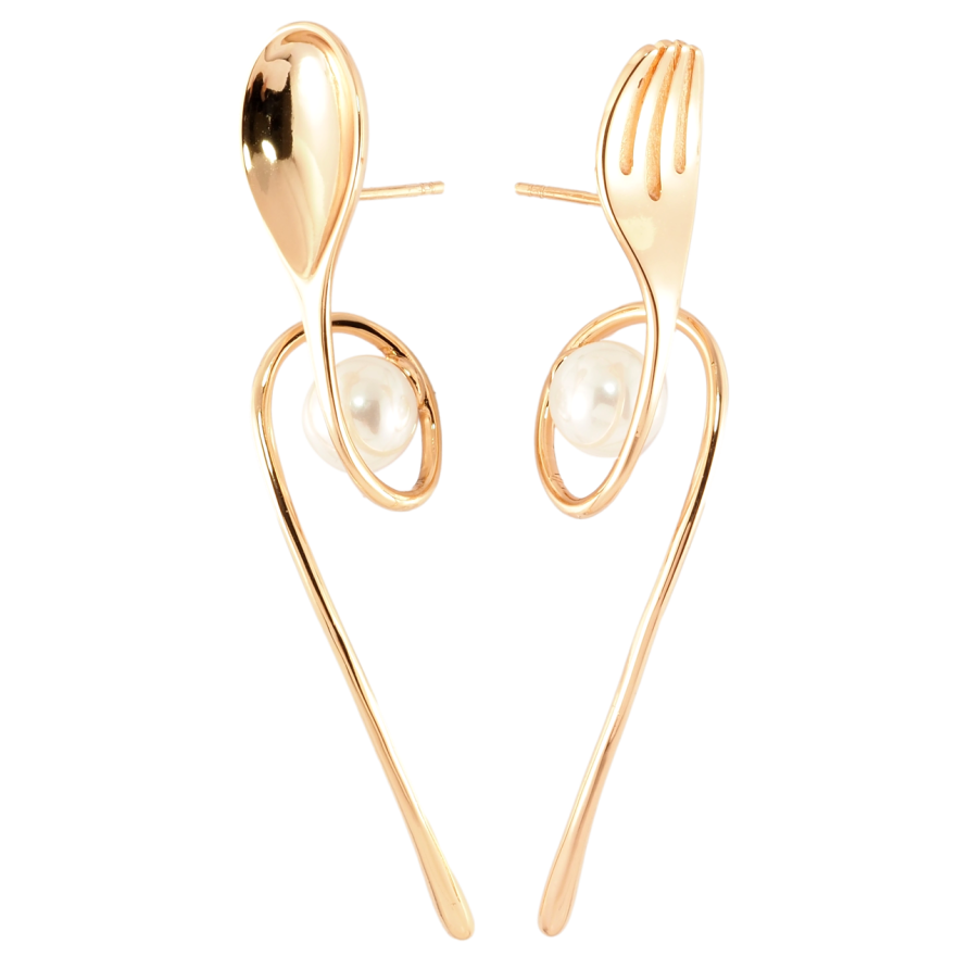 Серьги Xuping Позолота 18K пусеты Ассиметричные ложка и вилка с жемчужинами фото №1