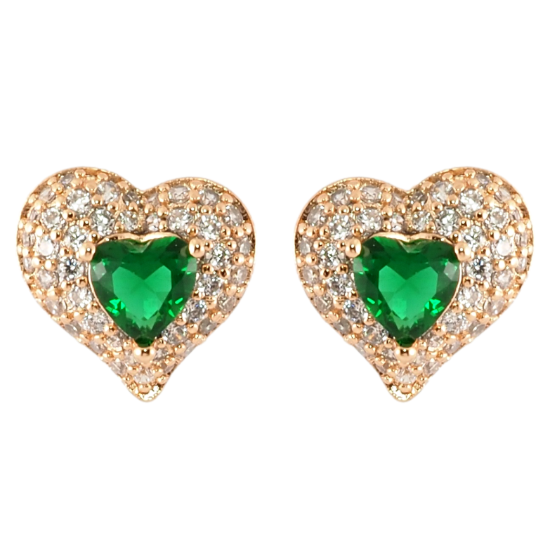 Сережки Xuping Позолота 18K пусети Сердечка з інкрустацією цирконієм та зеленими фіанітами фото №1