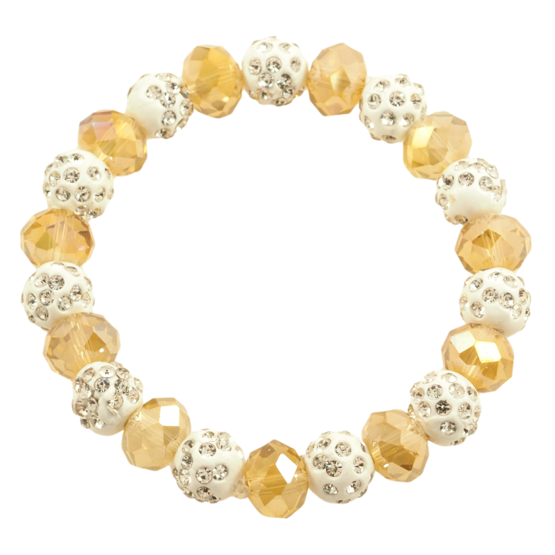 Браслет на резинке стекло Золотисто-белые бусины, ø 10мм свободный размер фото №1