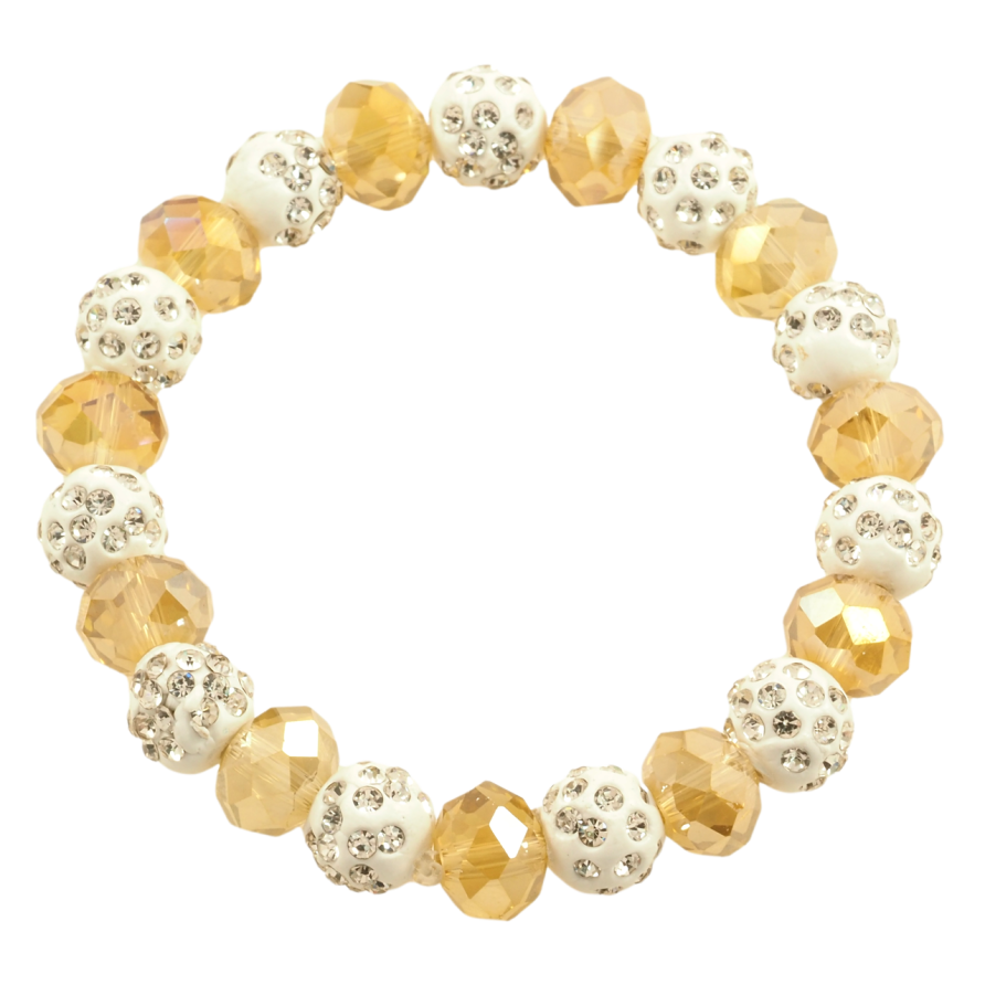 Браслет на гумці скло «Золотисто-білі намистини, ø 10мм» вільний розмір фото №1