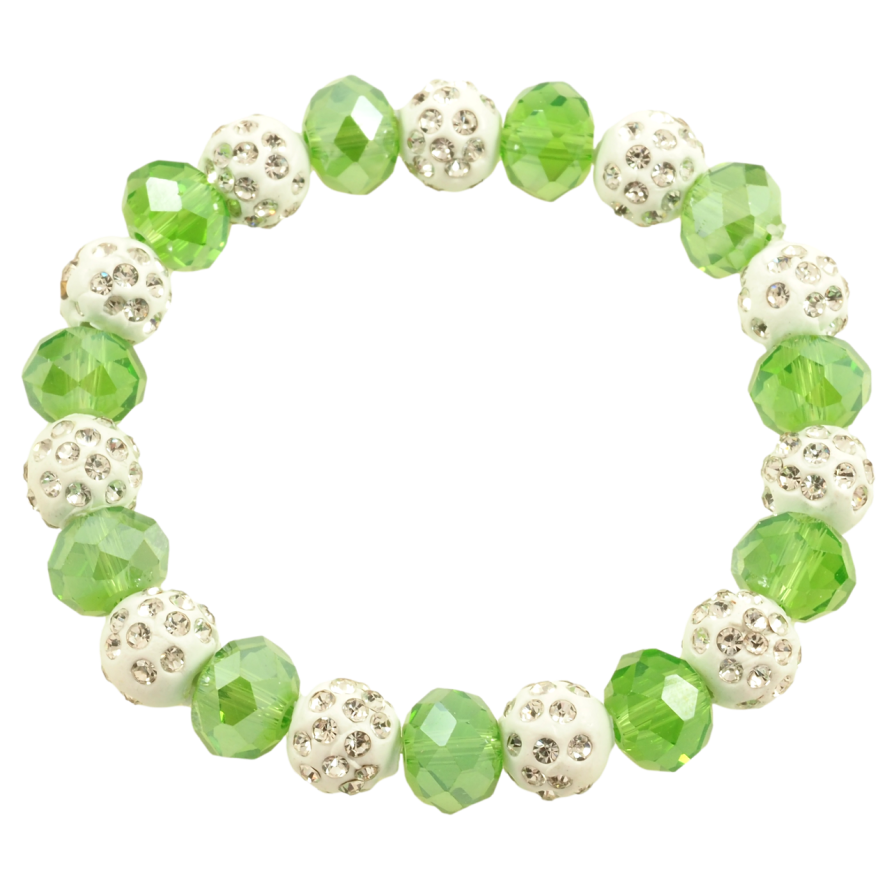 Браслет на резинке стекло Зелено-белые бусины, ø 10мм свободный размер фото №1