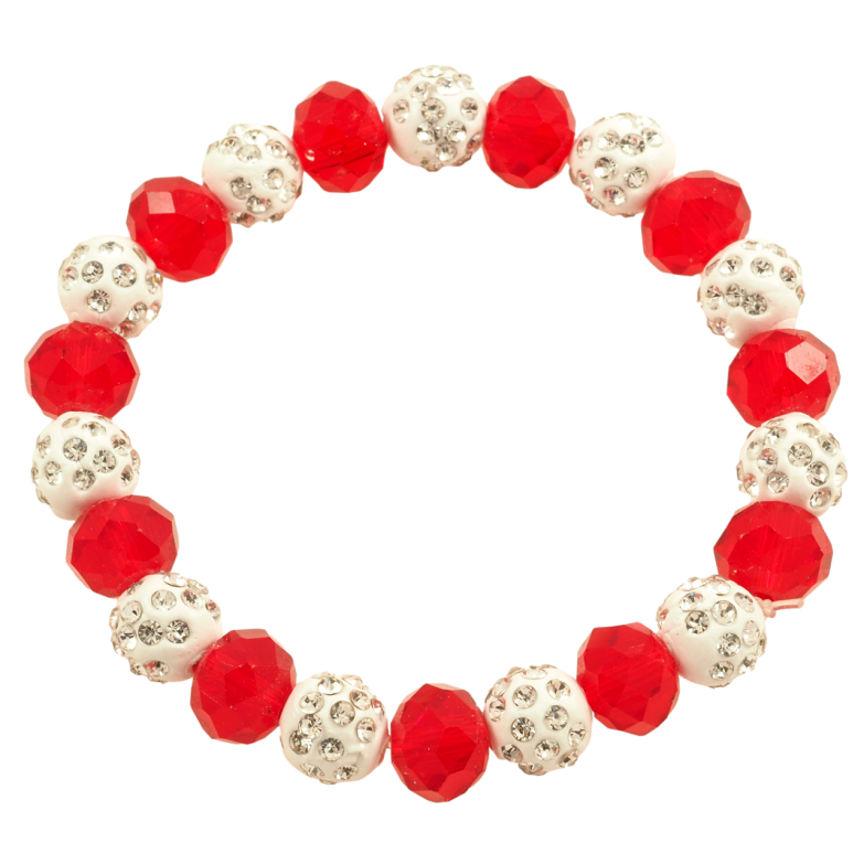 Браслет на резинке стекло Красно-белые бусины, ø 10мм свободный размер фото №1