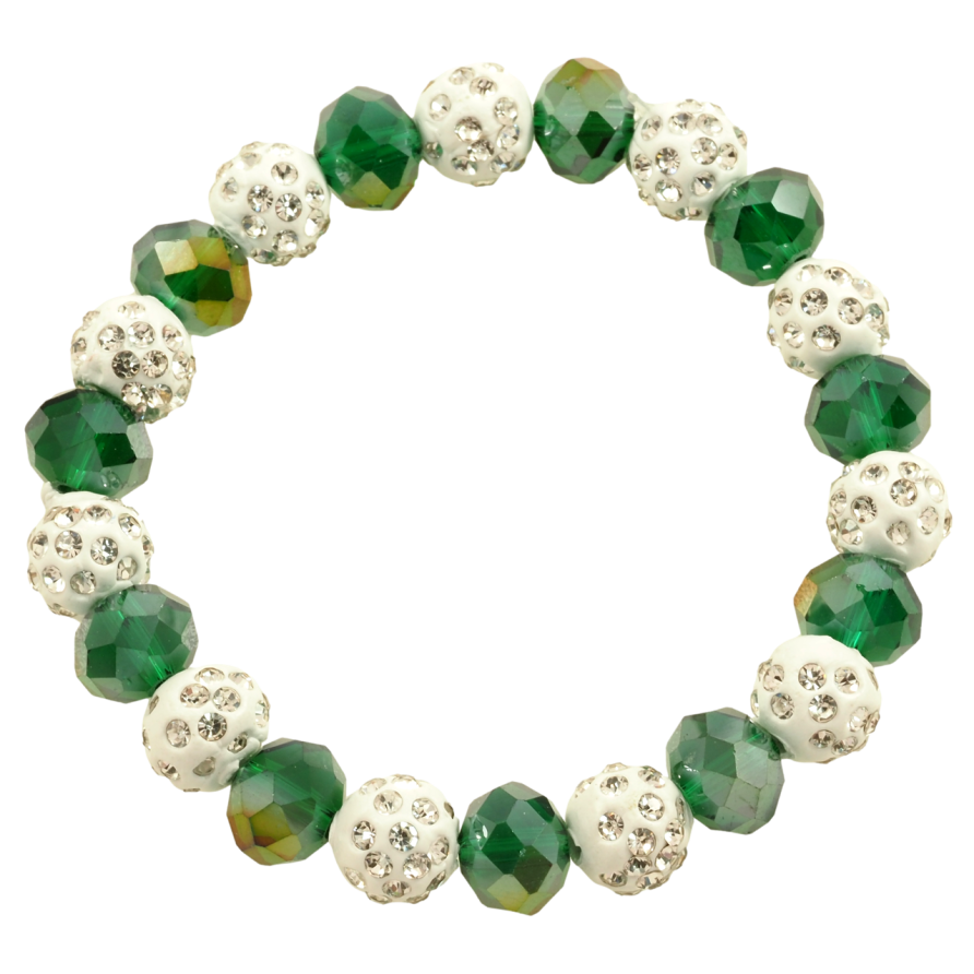 Браслет на резинке стекло Зелено-белые бусины, ø 10мм свободный размер фото №1