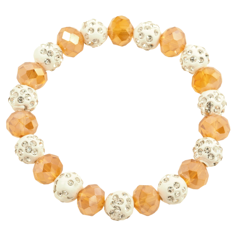 Браслет на резинке стекло Золотисто-белые бусины, ø 10мм свободный размер фото №1