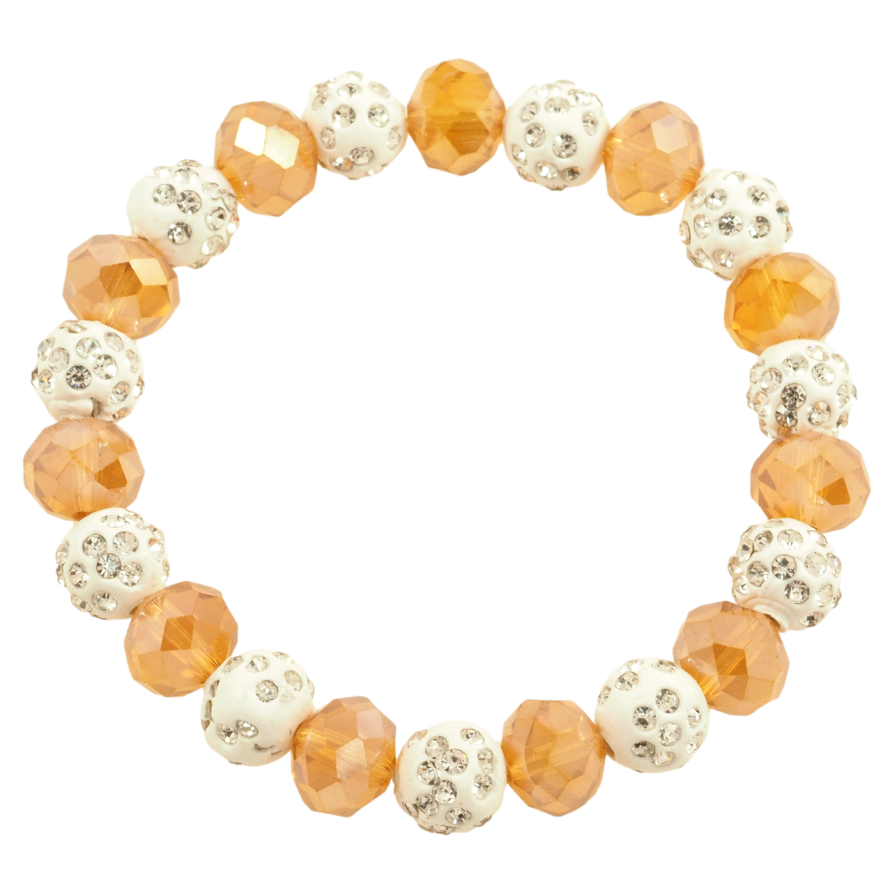 Браслет на резинке стекло Золотисто-белые бусины, ø 10мм свободный размер фото №1