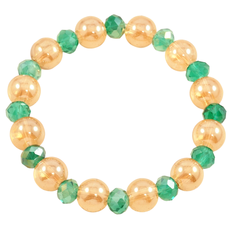 Браслет на гумці скло «Золотисто-зелені намистини, ø 8мм і 10мм» вільний розмір фото №1