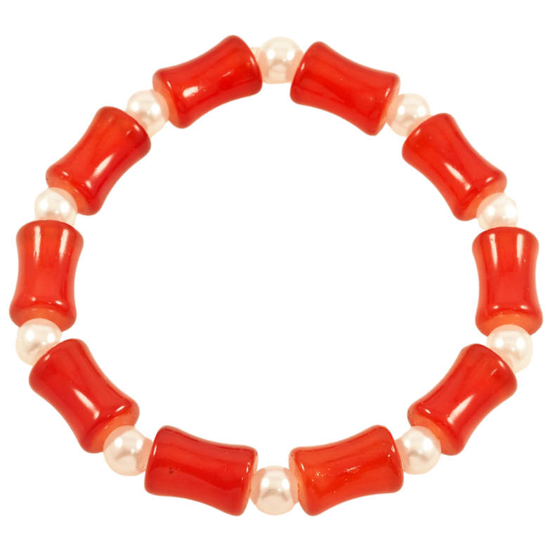 Браслет на гумці скло «Декоративні червоні та перлинні намистини, ø 6-8мм» вільний розмір фото №1 Браслет на гумці скло «Декоративні червоні та перлинні намистини, ø 6-8мм» вільний розмір фото №1