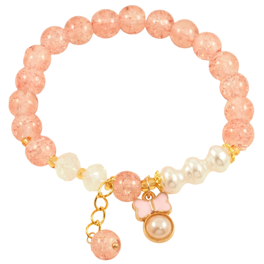 Браслет на гумці скло «Рожеві та перлинні намистини з підвісками, ø 8мм» вільний розмір фото №1