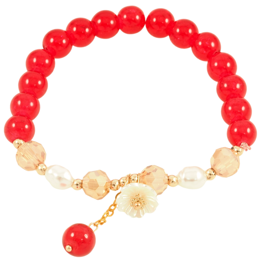 Браслет на резинке стекло Стеклянные красные бусины с подвеской и цветочком, ø 8мм свободный размер фото №1 Браслет на резинке стекло Стеклянные красные бусины с подвеской и цветочком, ø 8мм свободный размер фото №1
