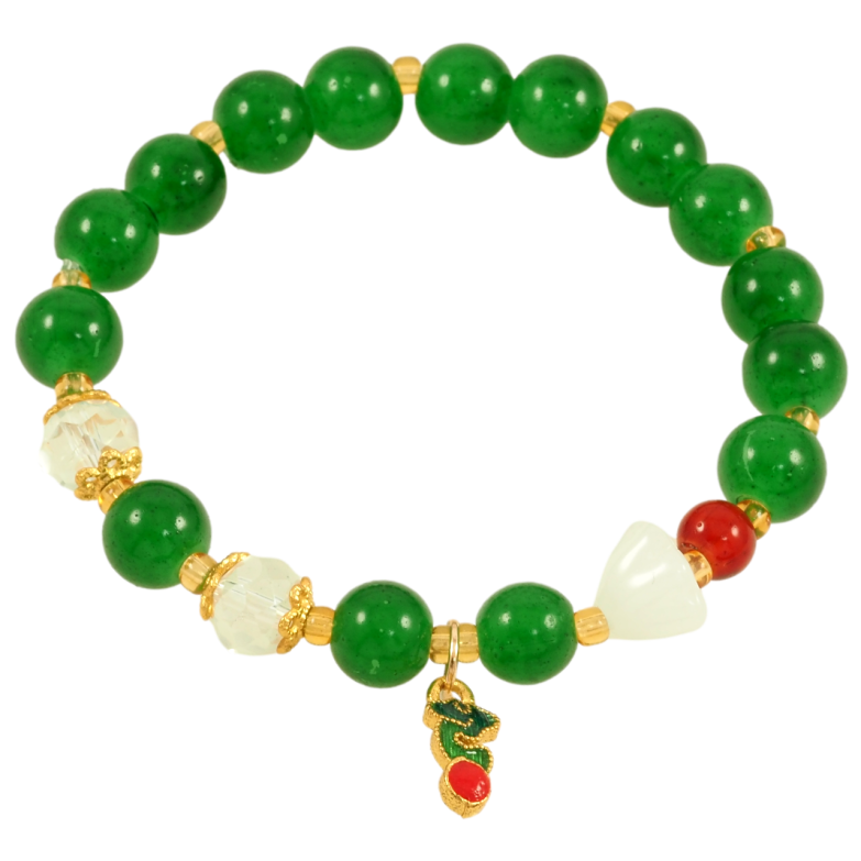 Браслет на гумці скло «Зелено-білі намистини з підвіскою, ø 8мм» вільний розмір фото №1