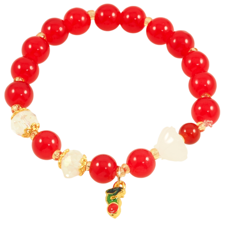 Браслет на резинке стекло Красно-белые бусины с подвеской, ø 8мм свободный размер фото №1