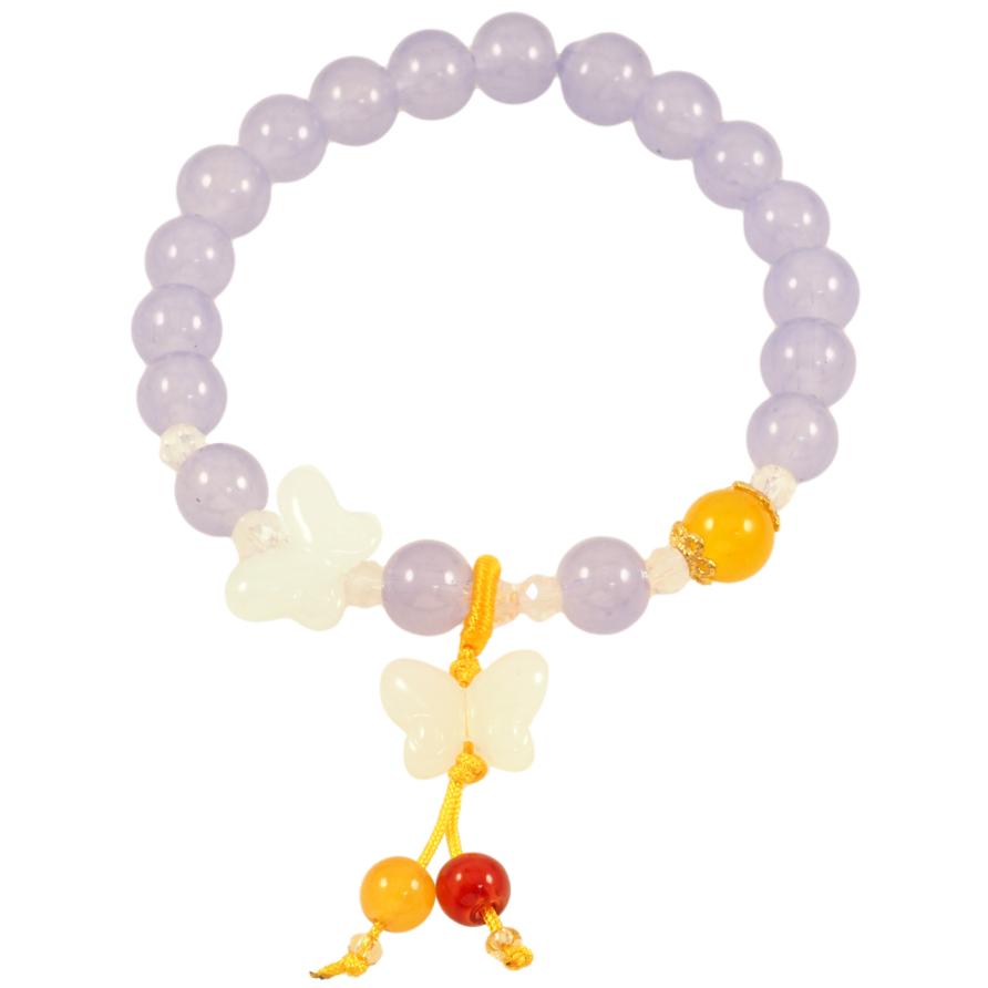 Браслет на резинке стекло Сиреневые бусины с бабочками и подвеской, ø 8мм свободный размер фото №1 Браслет на резинке стекло Сиреневые бусины с бабочками и подвеской, ø 8мм свободный размер фото №1