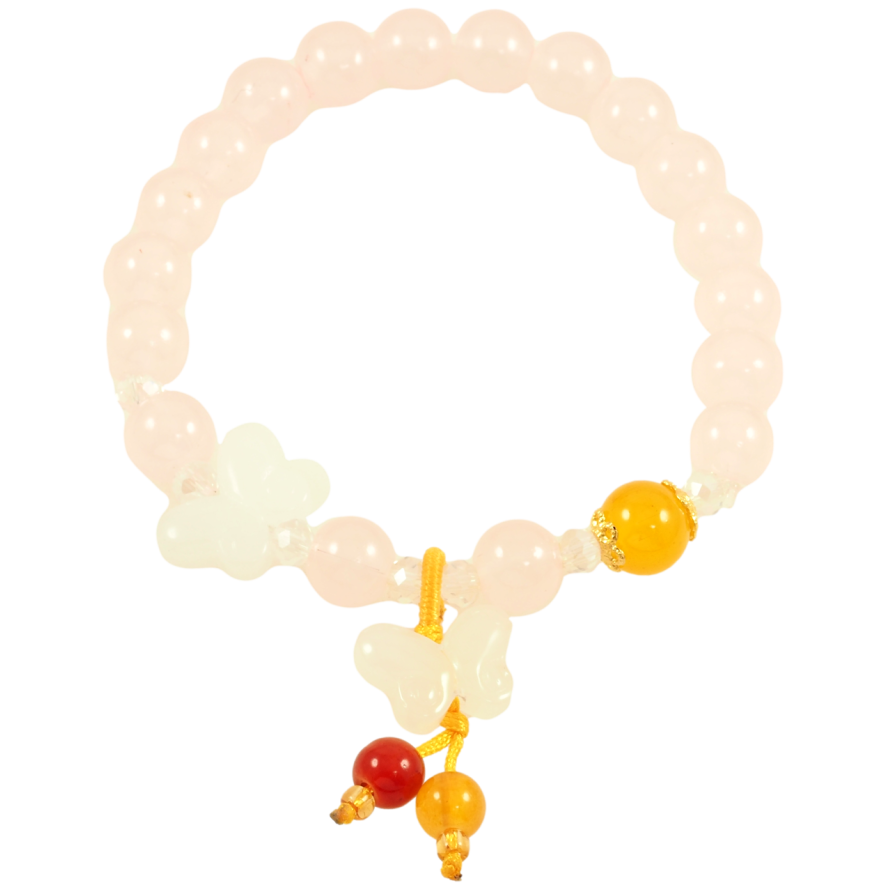 Браслет на гумці скло «Світло-рожеві намистини з метеликами та підвіскою, ø 8мм» вільний розмір фото №1