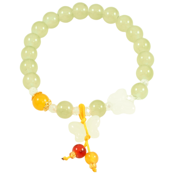 Браслет на гумці скло «Світло-зелені намистини з метеликами та підвіскою, ø 8мм» вільний розмір фото №4