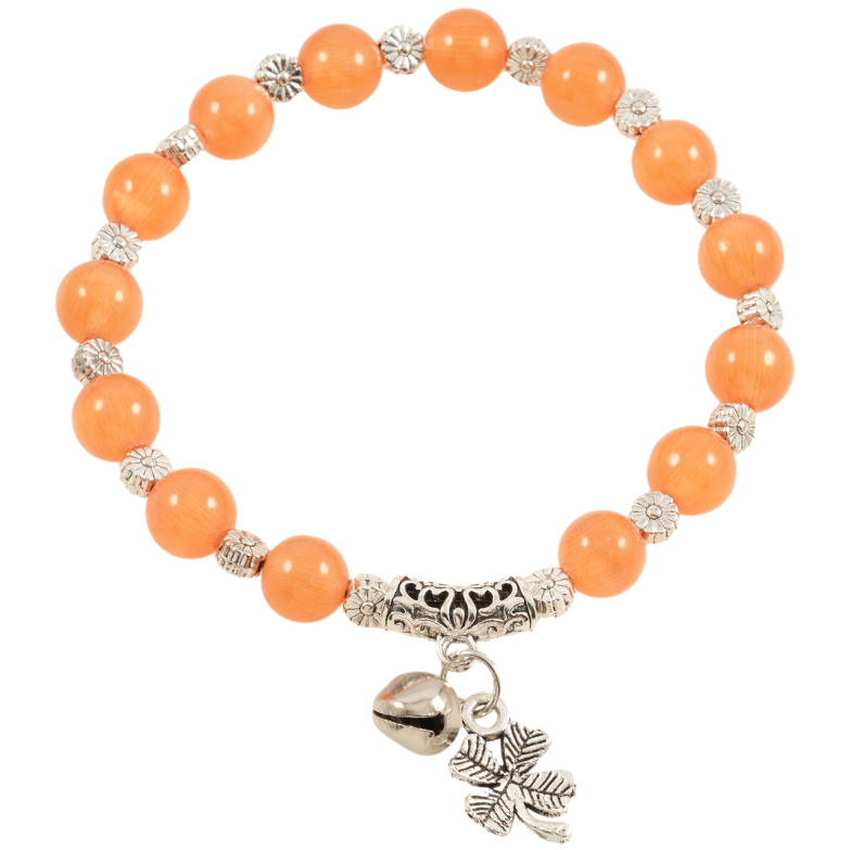 Браслет на гумці скло «Помаранчеві намистини «Котяче око» з підвіскою, ø 8мм» вільний розмір фото №1