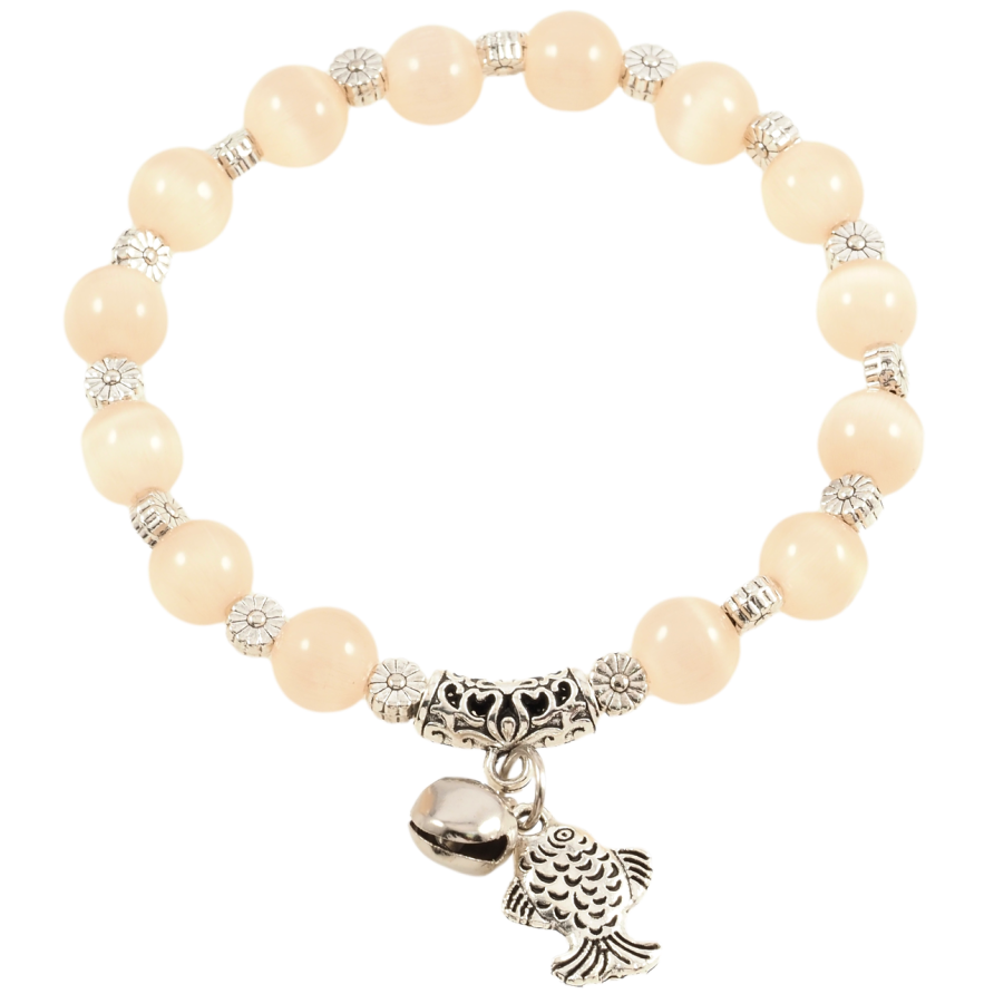 Браслет на резинке стекло Бежевые бусины Кошачий глаз с подвеской, ø 8мм свободный размер фото №1