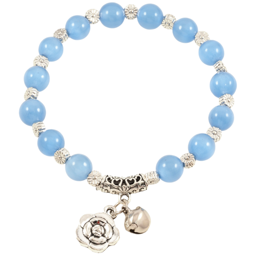 Браслет на резинке стекло Голубые бусины Кошачий глаз с подвеской, ø 8мм свободный размер фото №1 Браслет на резинке стекло Голубые бусины Кошачий глаз с подвеской, ø 8мм свободный размер фото №1