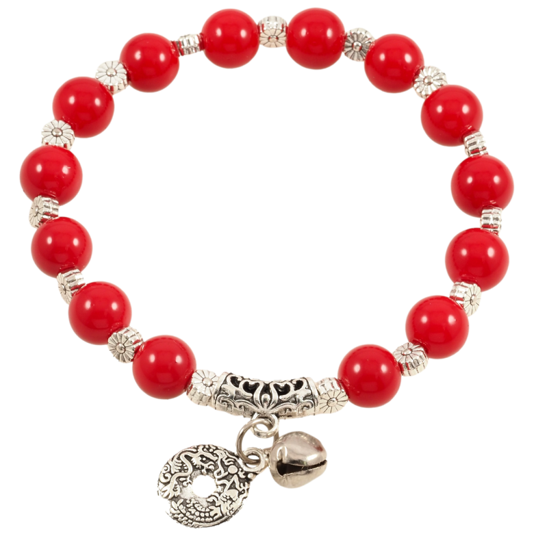 Браслет на гумці скло «Червоні намистини з підвіскою, ø 8мм» вільний розмір фото №1