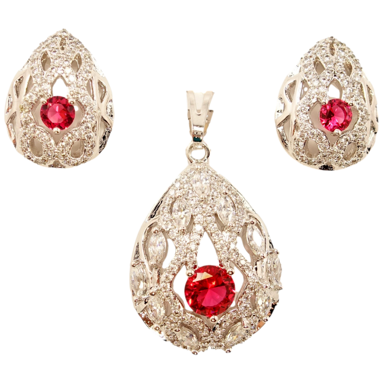 Набор Xuping Родий Серьги Кулон Выпуклая Капля с Ажурным Узором и Вставкой Малиновый Кристалл фото №3