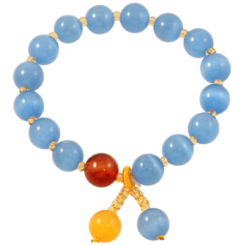 Браслет на резинке стекло Голубые бусины Кошачий глаз с подвесками, ø 9мм свободный размер фото №1