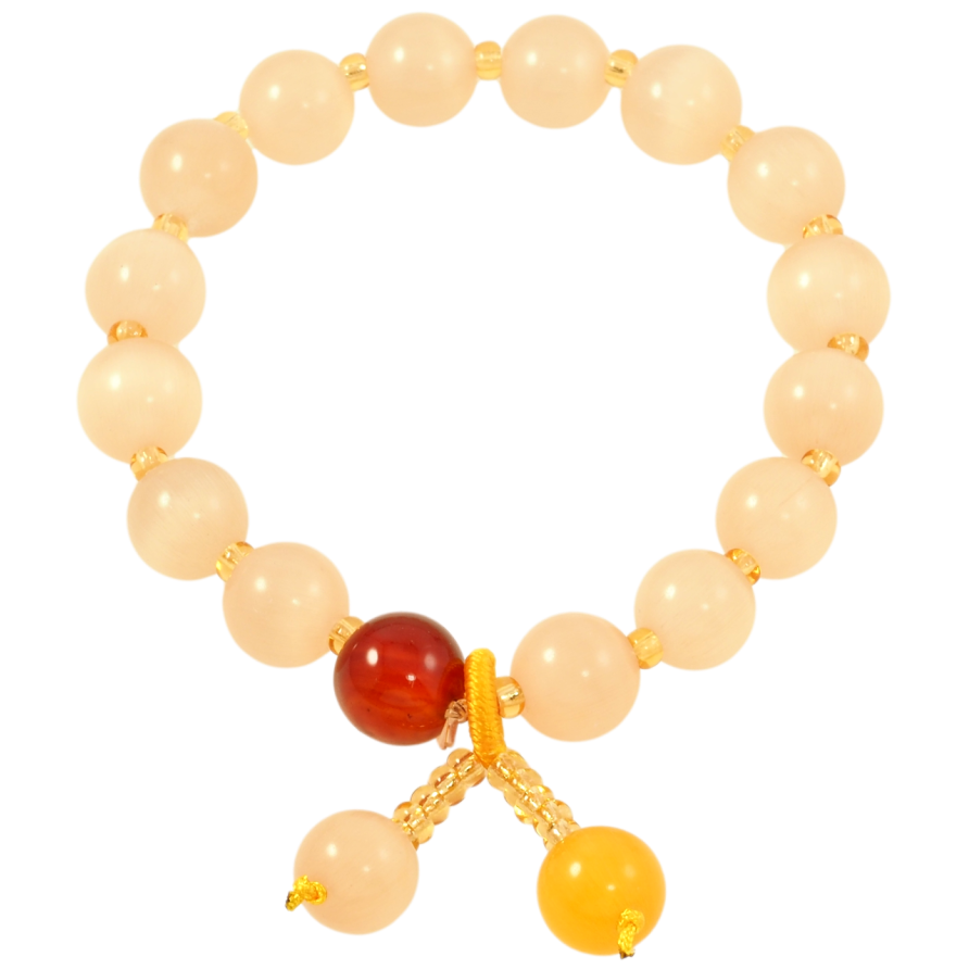 Браслет на резинке стекло Бежевые бусины Кошачий глаз с подвесками, ø 9мм свободный размер фото №1 Браслет на резинке стекло Бежевые бусины Кошачий глаз с подвесками, ø 9мм свободный размер фото №1