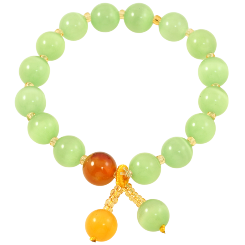 Браслет на резинке стекло Салатовые бусины Кошачий глаз с подвесками, ø 9мм свободный размер фото №1