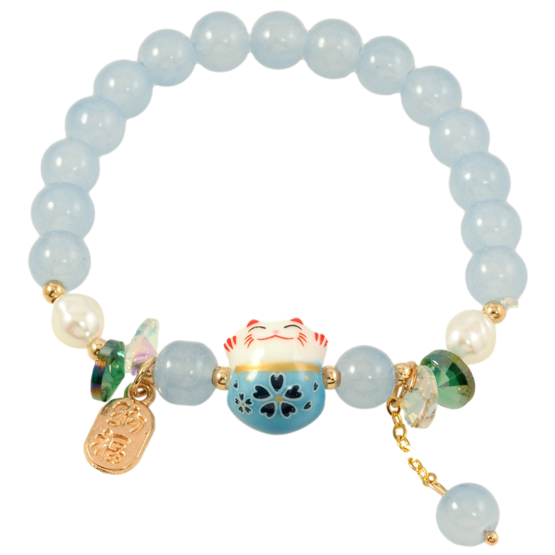 Браслет на резинке стекло Голубые бусины с вставкой кот и подвесками, ø 8мм свободный размер фото №1