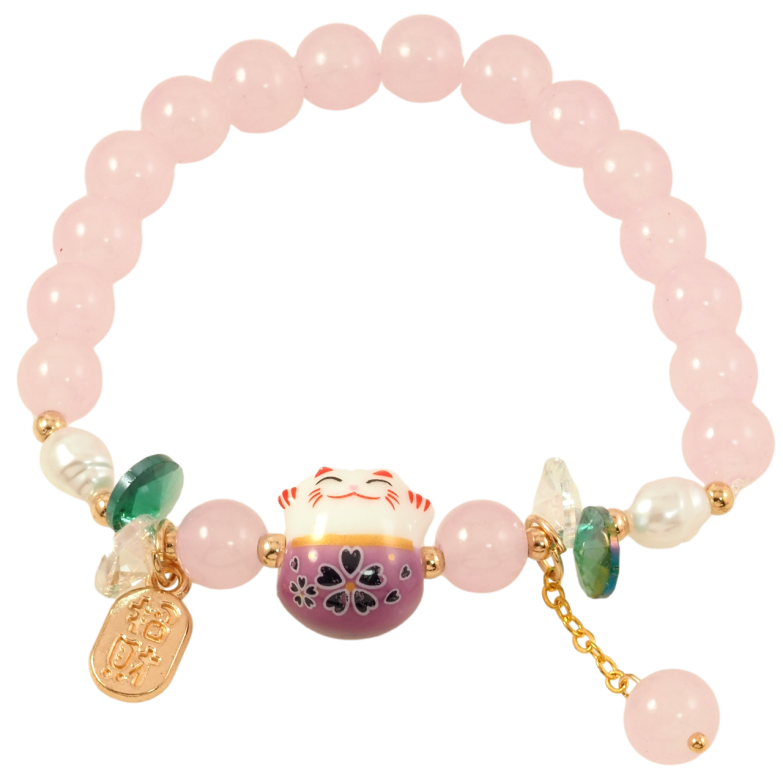 Браслет на гумці скло «Бузкові намистини з вставкою кіт і підвісками, ø 8мм» вільний розмір фото №1