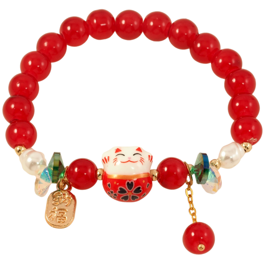 Браслет на резинке стекло Красные бусины с вставкой кот и подвесками, ø 8мм свободный размер фото №1 Браслет на резинке стекло Красные бусины с вставкой кот и подвесками, ø 8мм свободный размер фото №1
