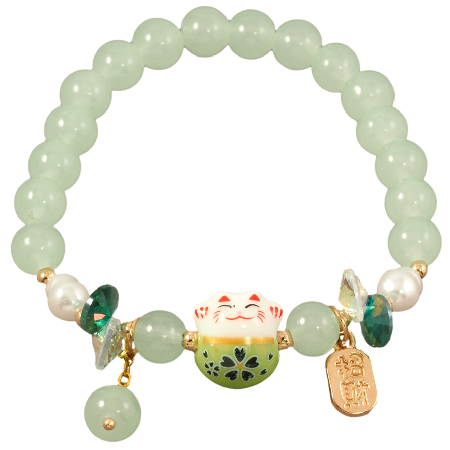 Браслет на резинке стекло Мятные бусины с вставкой кот и подвесками, ø 8мм свободный размер фото №1