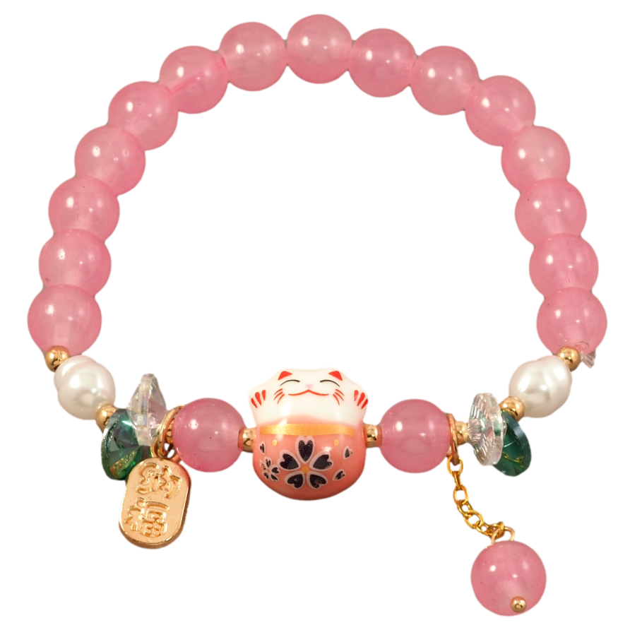 Браслет на гумці скло «Рожеві намистини з вставкою кіт і підвісками, ø 8мм» вільний розмір фото №1