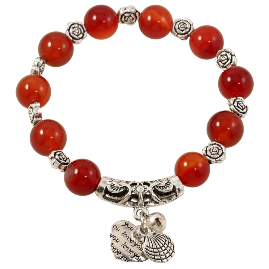 Браслет на гумці скло «Червоні намистини «Котяче око» з квіточками та підвісками, ø 9мм» вільний розмір фото №1 Браслет на гумці скло «Червоні намистини «Котяче око» з квіточками та підвісками, ø 9мм» вільний розмір фото №1