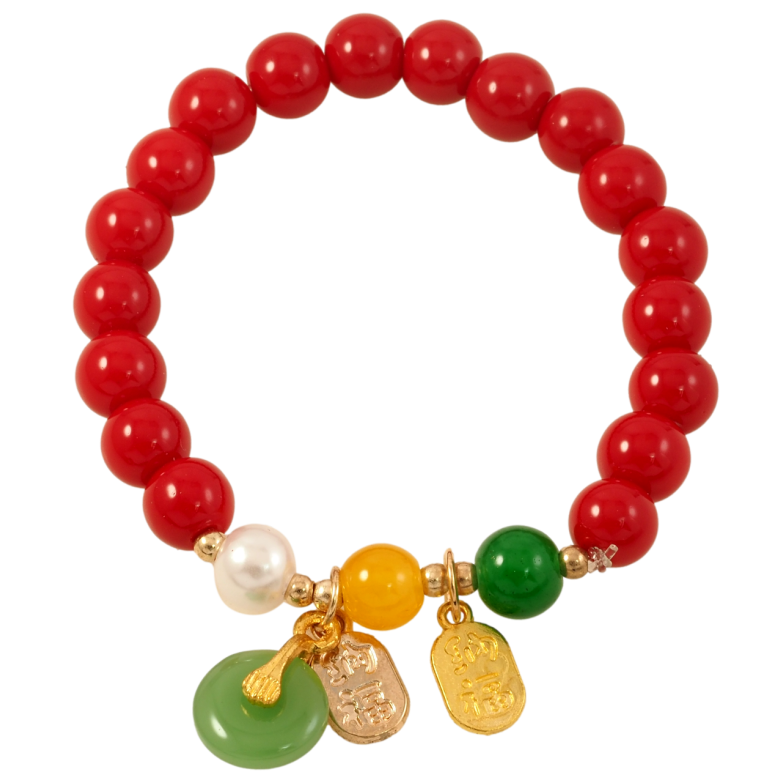 Браслет на резинке стекло Красные бусины с подвесками, ø 8мм свободный размер фото №1