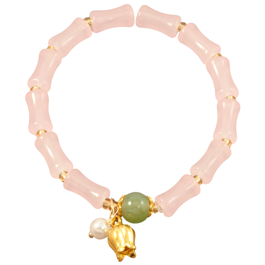 Браслет на гумці скло «Декоративні рожеві намистини з підвісками, ø 6мм» вільний розмір фото №1