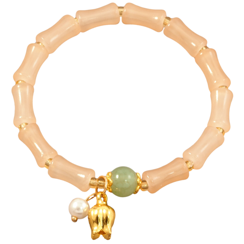 Браслет на резинке стекло Декоративные персиковые бусины с подвесками, ø 6мм свободный размер фото №5