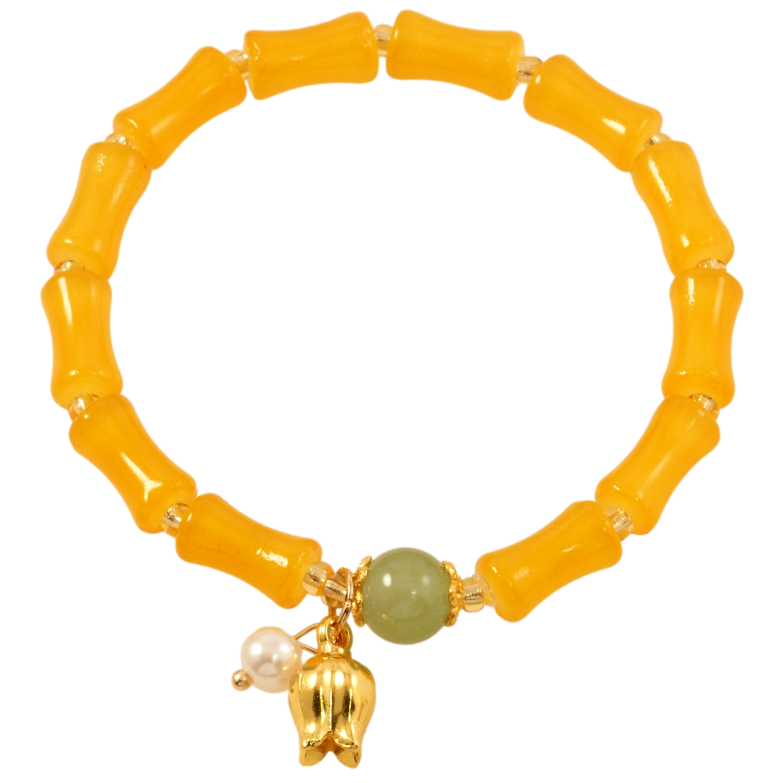 Браслет на резинке стекло Декоративные желтые бусины с подвесками, ø 6мм свободный размер фото №3