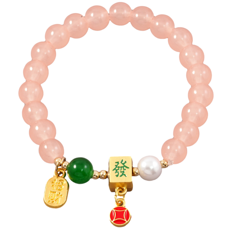 Браслет на резинке стекло Розовые бусины и подвески с китайскими иероглифами, ø 8мм свободный размер фото №5