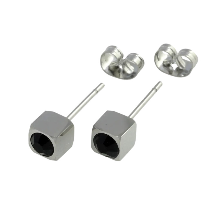 Серьги Xuping TTM Stainless Steel Белый оттенок пуссеты Кубики с черными фианитами 5х5мм фото №8