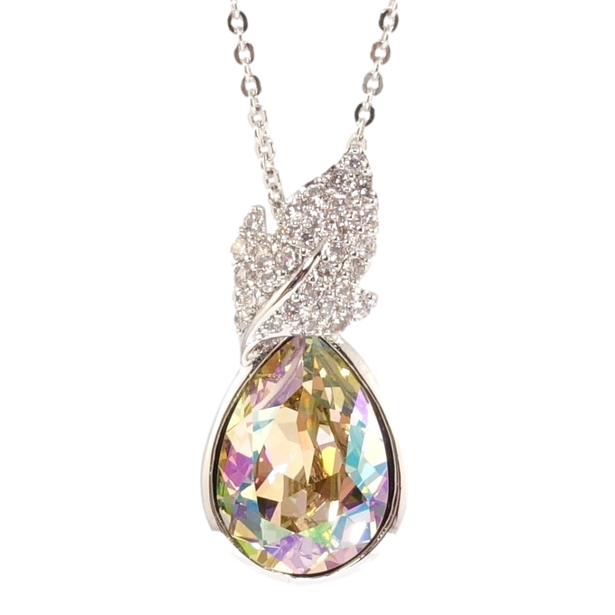 Кулон Xuping колір Родій з кр-ми Swarovski на ланцюжку Кристальна крапелька Luminous Green з листочком дл. 43-48см х фото №1