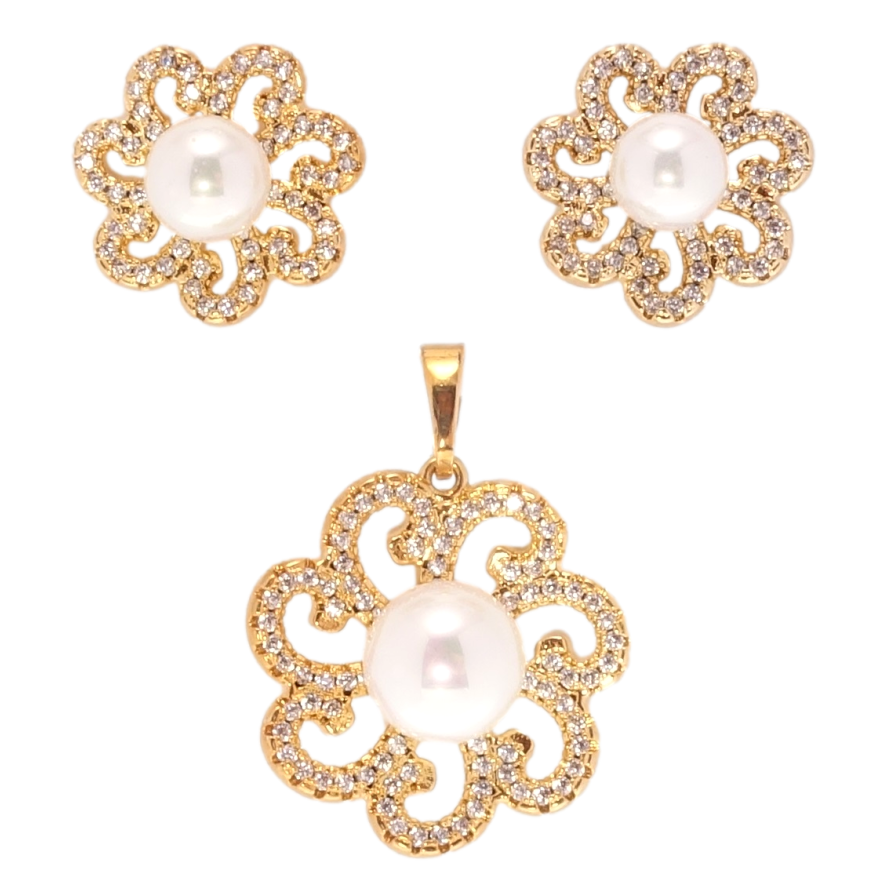 Набор Xuping Позолота 18K Серьги Кулон Цветочки с цирконием и жемчужинами фото №1