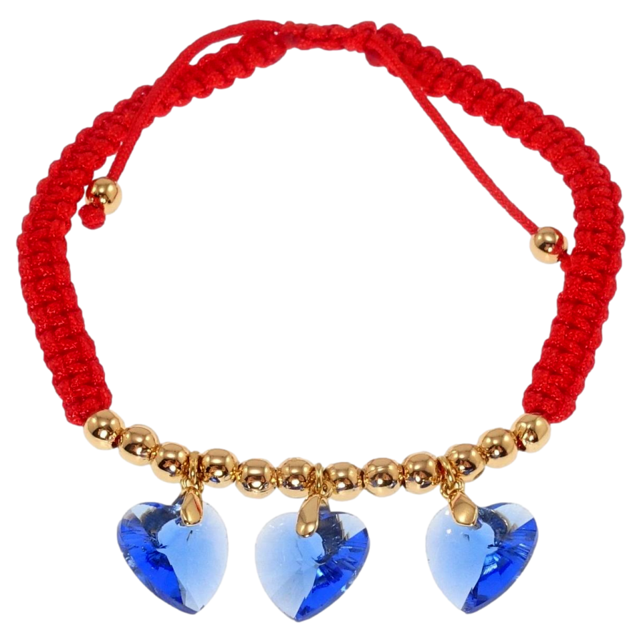 Браслет Xuping QQMM Позолота 18K Красный плетенный шнур с синими кр-ми сердечками на затяжке 16-23см х 5мм фото №1 Браслет Xuping QQMM Позолота 18K Красный плетенный шнур с синими кр-ми сердечками на затяжке 16-23см х 5мм фото №1