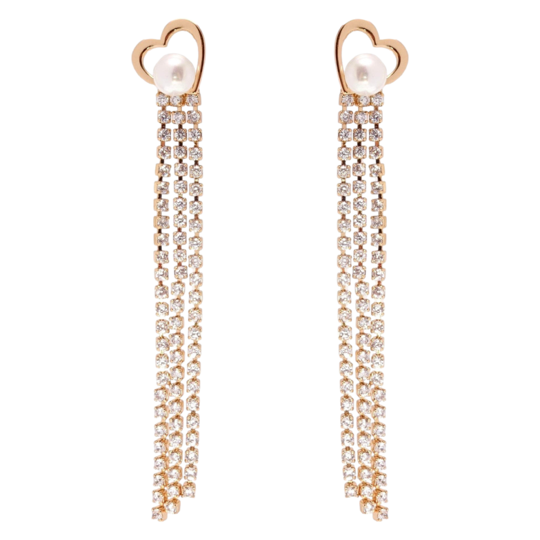 Серьги Xuping JEAN GOUJON Позолота 18K пусеты Сердечки с жемчугом и кристальными цепочками фото №3