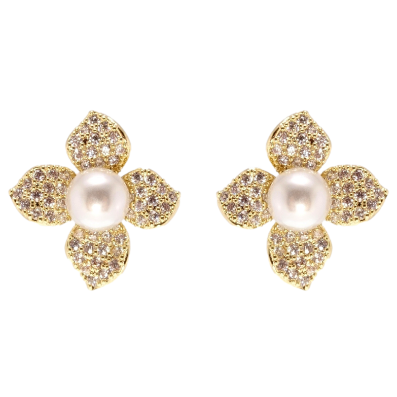 Сережки Xuping JEAN GOUJON Позолота 14K пусети Квіточки з перлами та цирконієм фото №1 Сережки Xuping JEAN GOUJON Позолота 14K пусети Квіточки з перлами та цирконієм фото №1