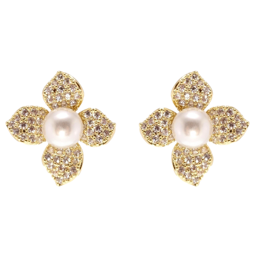 Сережки Xuping JEAN GOUJON Позолота 14K пусети Квіточки з перлами та цирконієм фото №1 Сережки Xuping JEAN GOUJON Позолота 14K пусети Квіточки з перлами та цирконієм фото №1