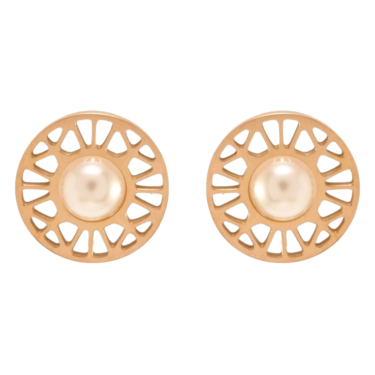 Серьги Xuping TTM Stainless Steel цвет РО пусеты Круги с резным узором и жемчугом ø 12мм фото №17